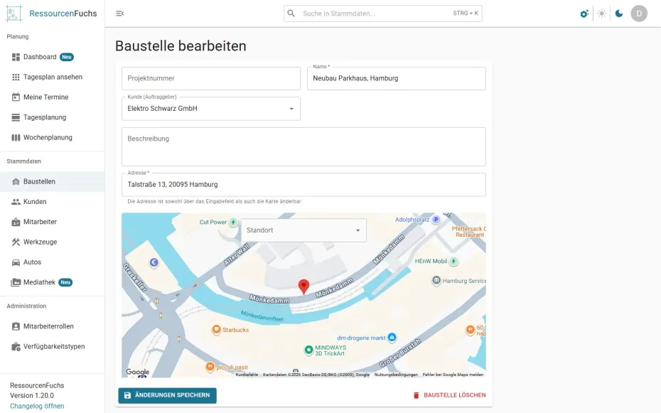 die Stammdatenübersicht zu Baustellen