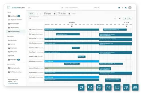 Die Wochenplanungsansicht der RessourcenFuchs Anwendung auf einem Tablet