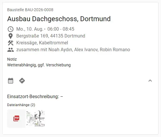 Termin zu einer Baustelle mit 2 Dateianhängen